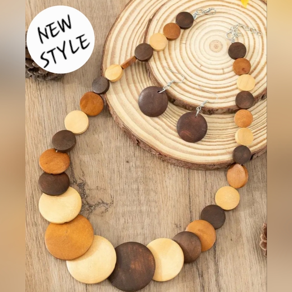 Last One BOHO TRIBAL WOOD DISC  BEADED NECKLACE AND